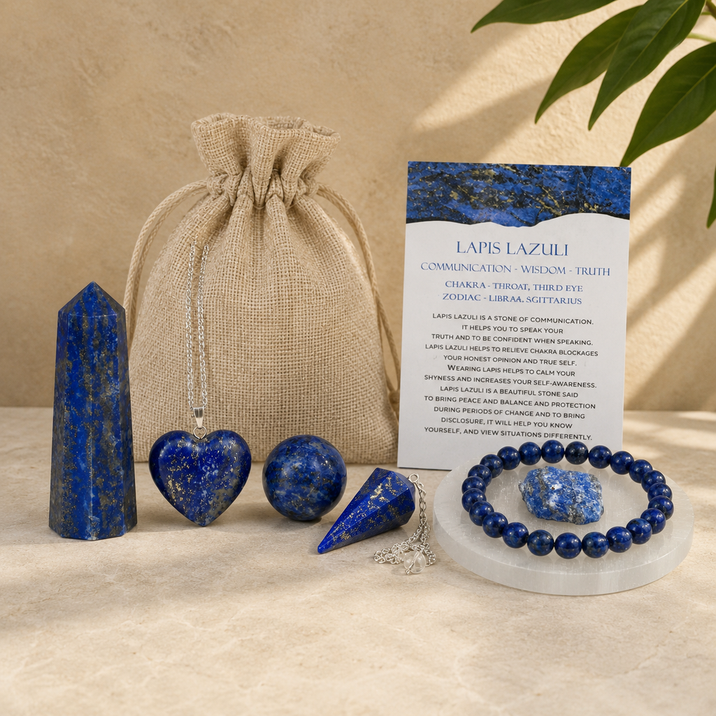 Lapis Lazuli Crystal Gift Set For Emotional Support and Protection, Real Polished Gemstones. | Merkaba & Platonic Solids | Wiccan Center
