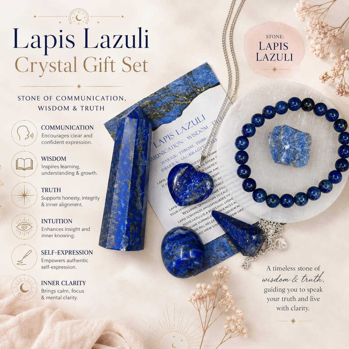 Lapis Lazuli Crystal Gift Set For Emotional Support and Protection, Real Polished Gemstones. | Merkaba & Platonic Solids | Wiccan Center