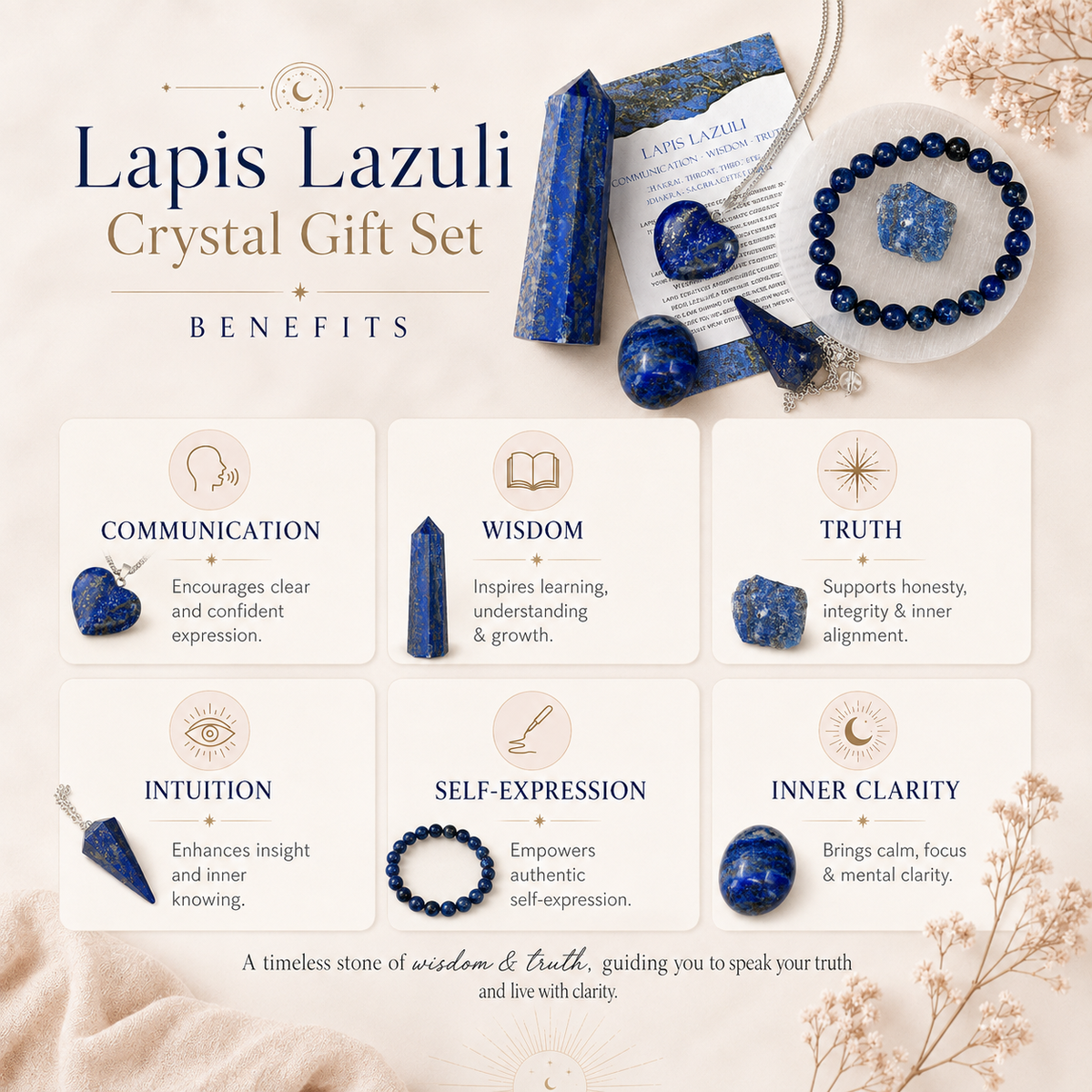 Lapis Lazuli Crystal Gift Set For Emotional Support and Protection, Real Polished Gemstones. | Merkaba & Platonic Solids | Wiccan Center
