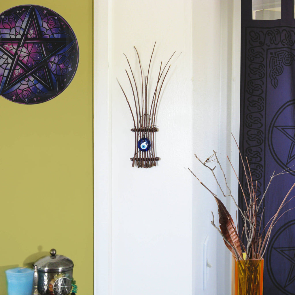 Large Glass Evil Eye with Long Twigs Wall Hanging - Handcrafted | Wall Hangings | Wiccan Center