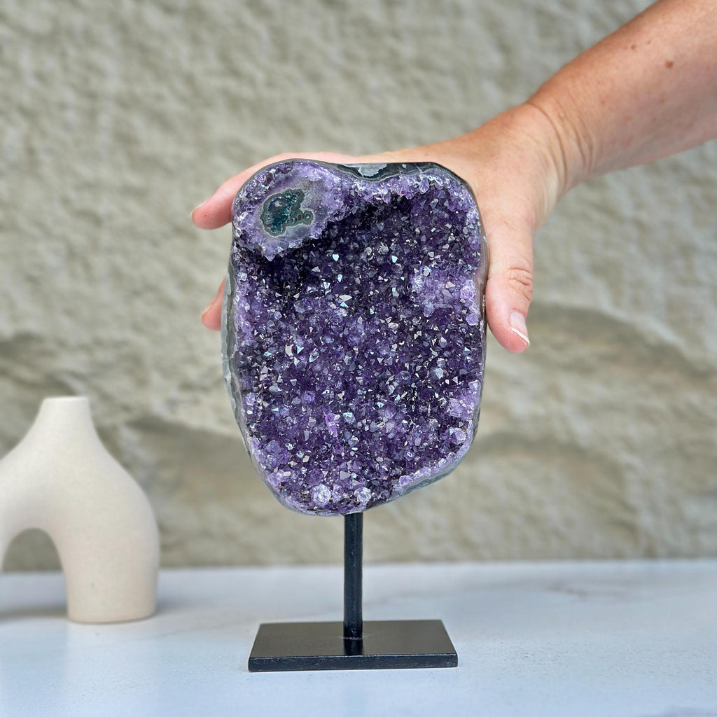 Large Deep Purple Amethyst Geode Crystal on Modern Stand | Stalactite Eye Display | Wiccan Center