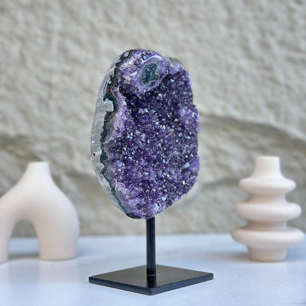 Large Deep Purple Amethyst Geode Crystal on Modern Stand | Stalactite Eye Display | Wiccan Center