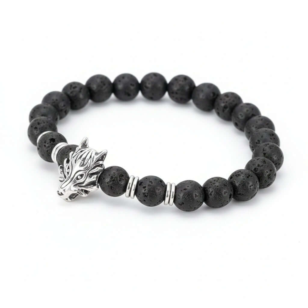 Lava stone bracelet with wolf head Asgard Crafted Grey Wolf Head