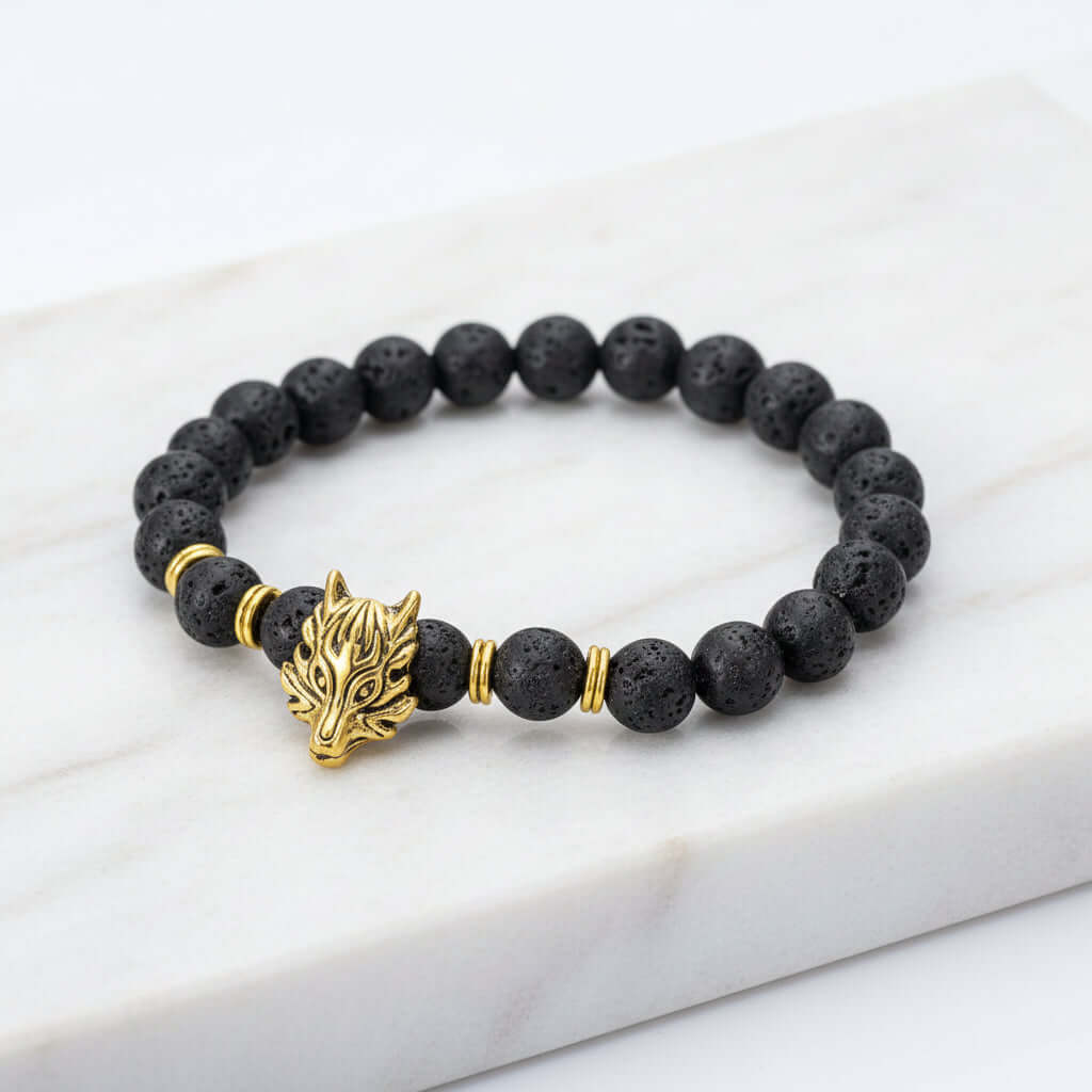 Lava stone bracelet with wolf head Asgard Crafted Grey Wolf Head