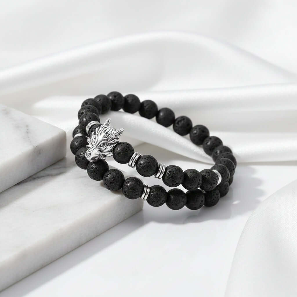 Lava stone bracelet with wolf head Asgard Crafted Grey Wolf Head