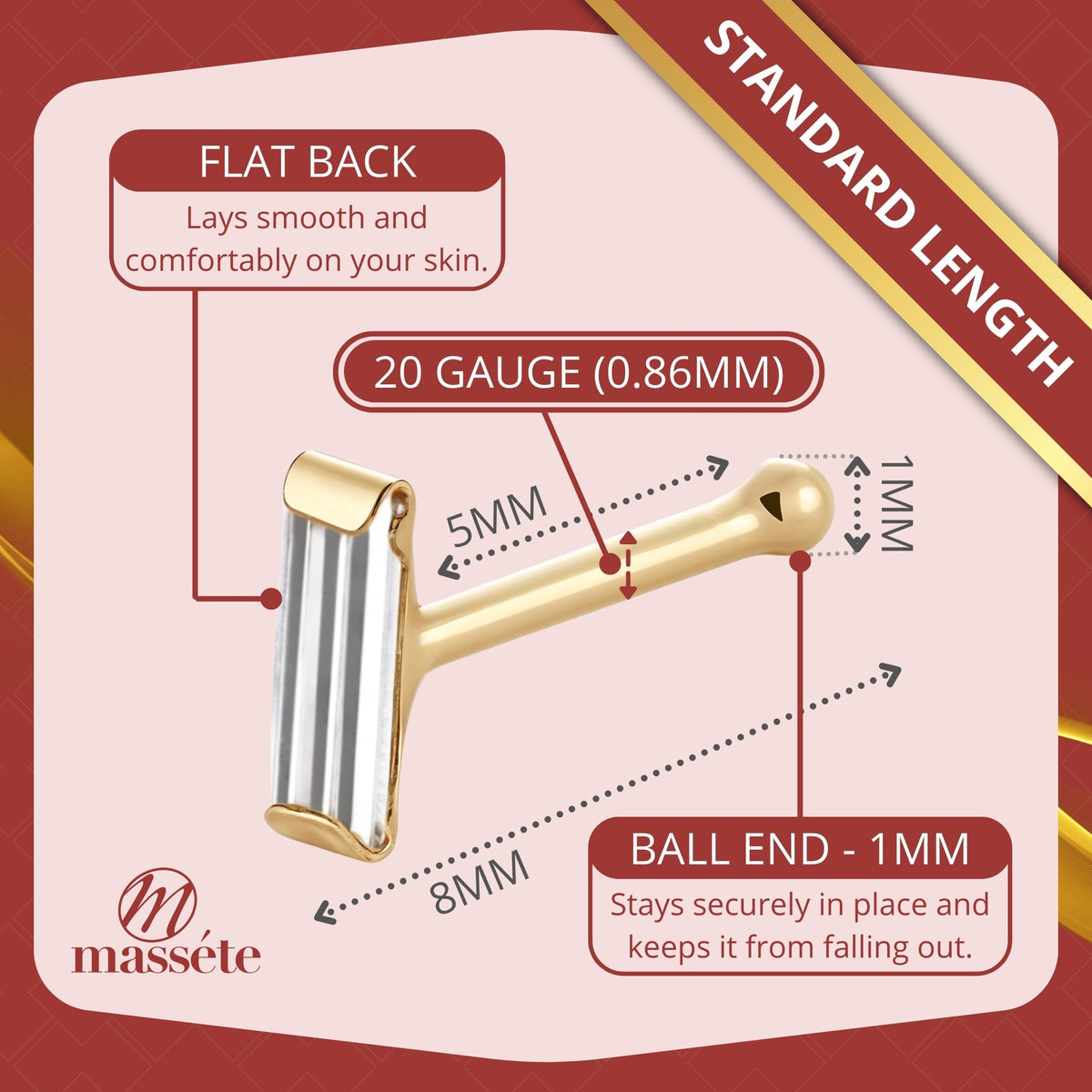 14k Yellow Gold Nose Stud with Simulated Diamond Baguette CZ 20g - Hypoallergenic Threadless Body Piercing Jewelry for Women | | Wiccan Center