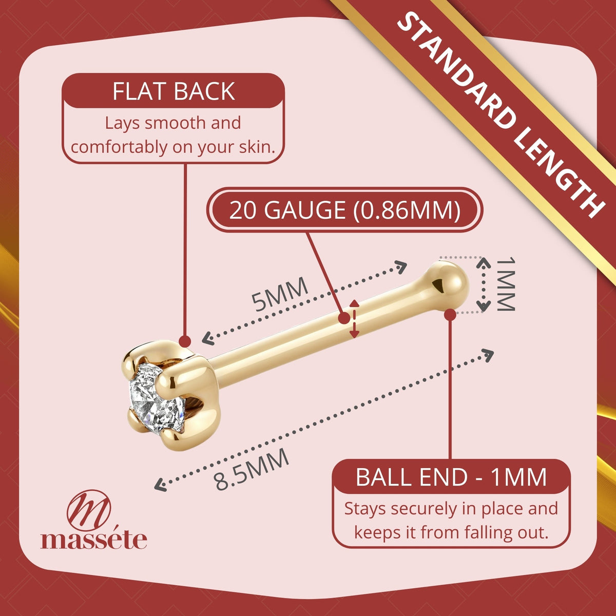14k Yellow Gold Nose Stud with Simulated Diamond Brilliant CZ 20g - Hypoallergenic Threadless Body Piercing Jewelry | Body Piercings | Wiccan Center