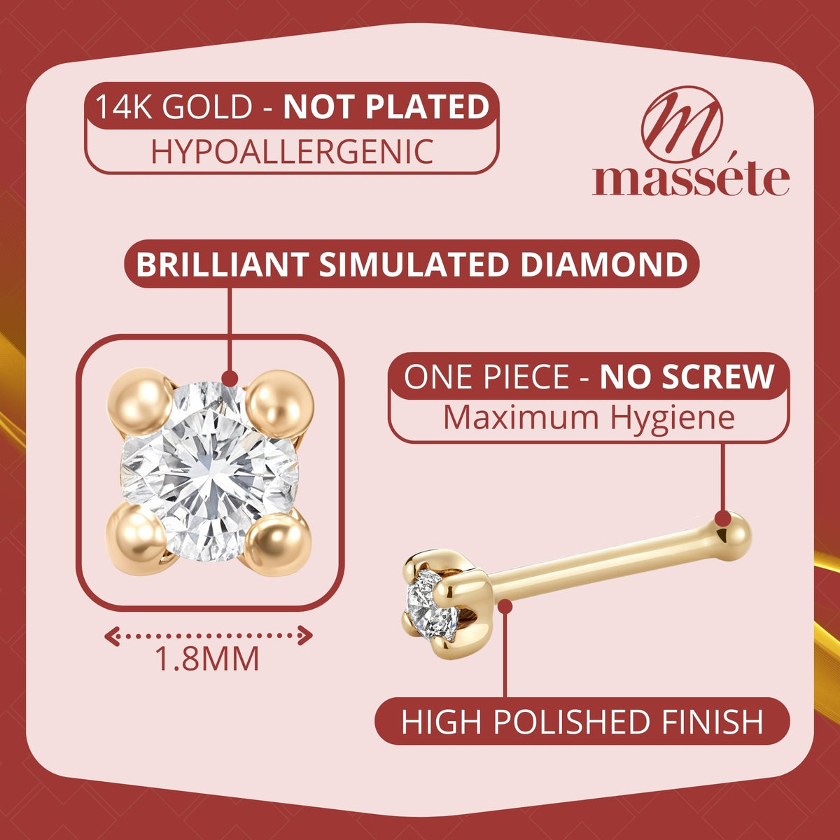 14k Yellow Gold Nose Stud with Simulated Diamond Brilliant CZ 20g - Hypoallergenic Threadless Body Piercing Jewelry | Body Piercings | Wiccan Center