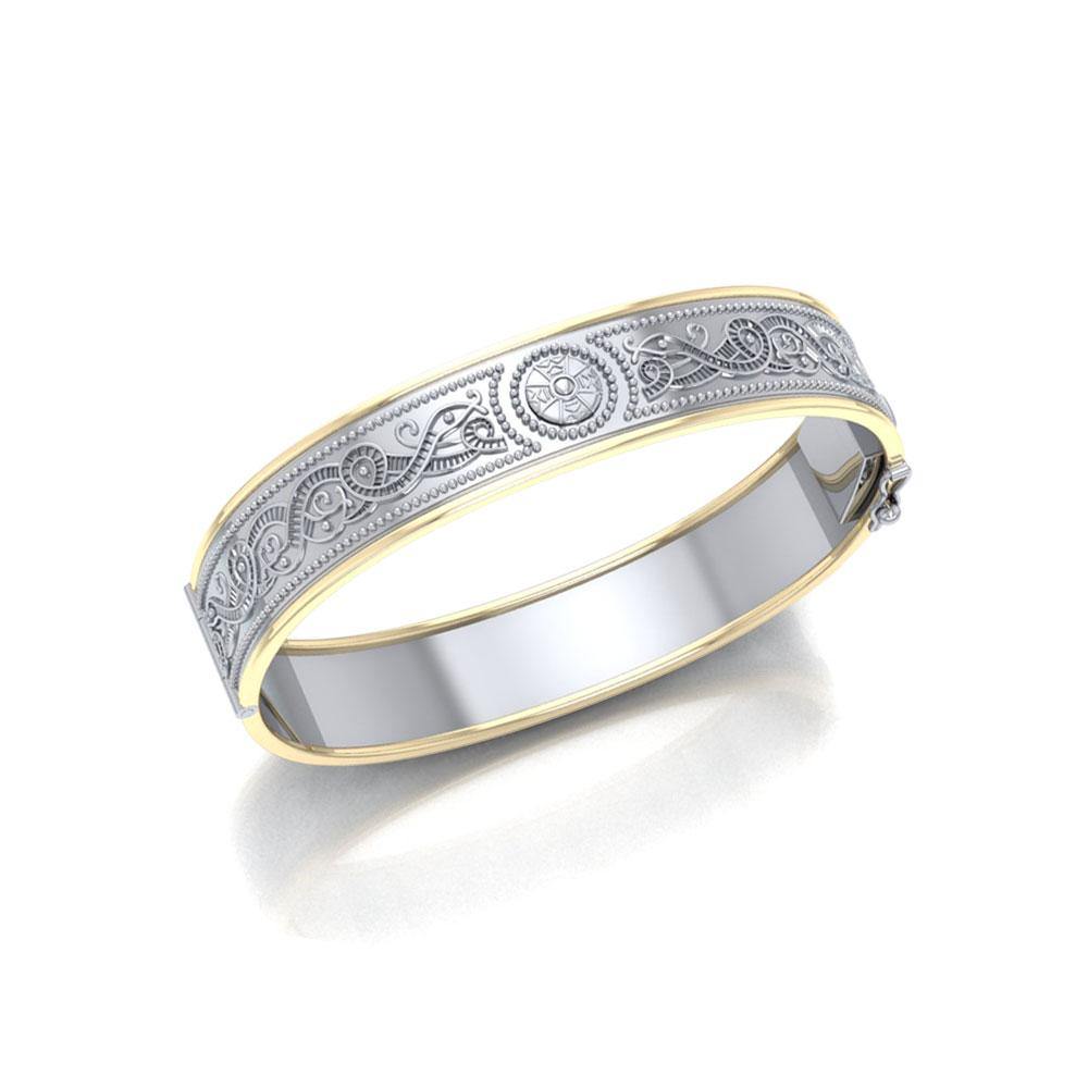 Small Sterling Silver and 14K Gold Accent Border Celtic Knotwork Bangle With Open Lock MBA211