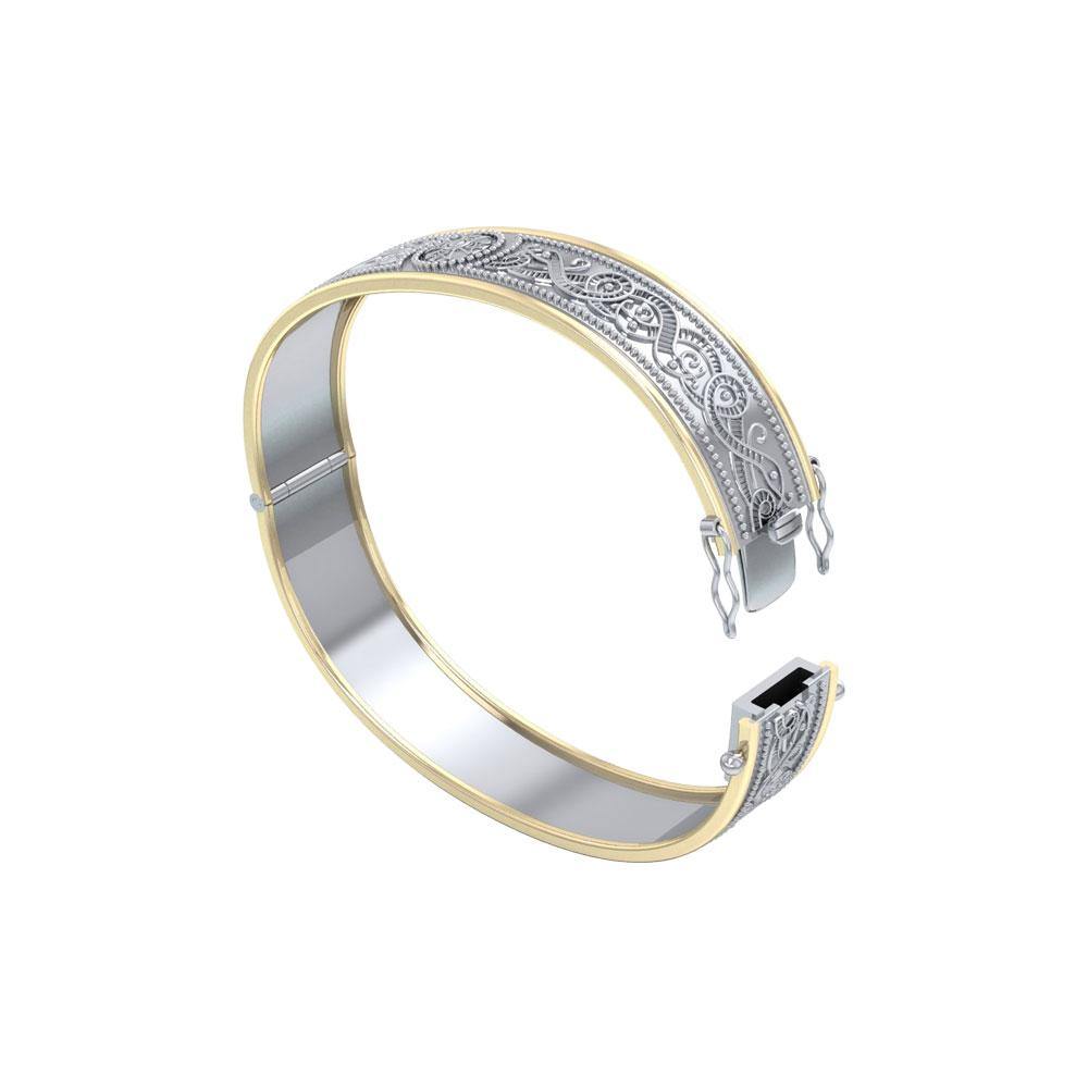 Small Sterling Silver and 14K Gold Accent Border Celtic Knotwork Bangle With Open Lock MBA211
