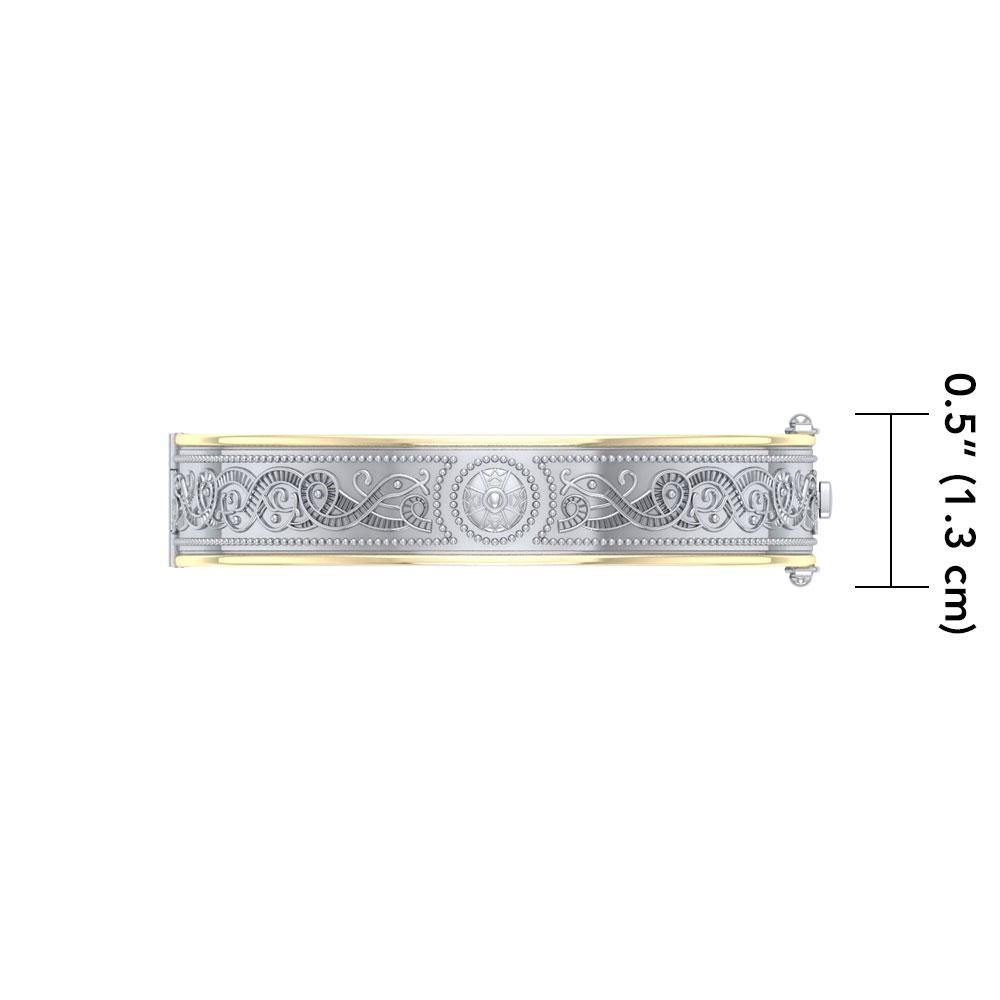 Small Sterling Silver and 14K Gold Accent Border Celtic Knotwork Bangle With Open Lock MBA211