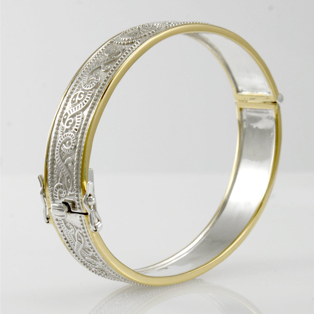 Small Sterling Silver and 14K Gold Accent Border Celtic Knotwork Bangle With Open Lock MBA211