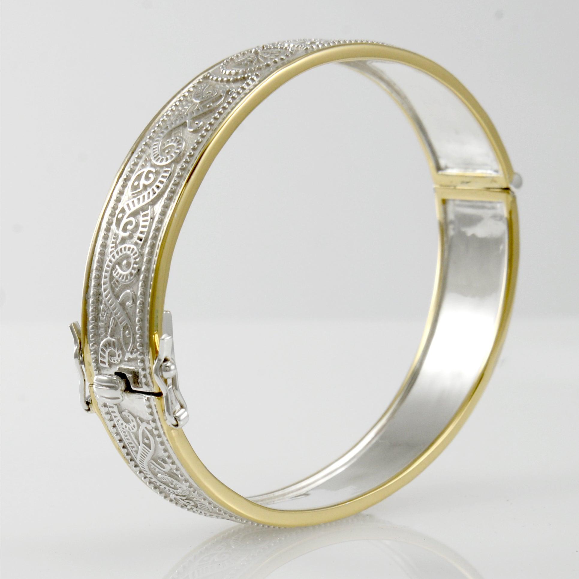 Small Sterling Silver and 14K Gold Accent Border Celtic Knotwork Bangle With Open Lock MBA211