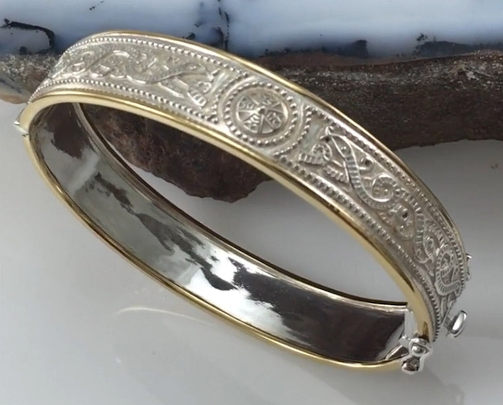Small Sterling Silver and 14K Gold Accent Border Celtic Knotwork Bangle With Open Lock MBA211