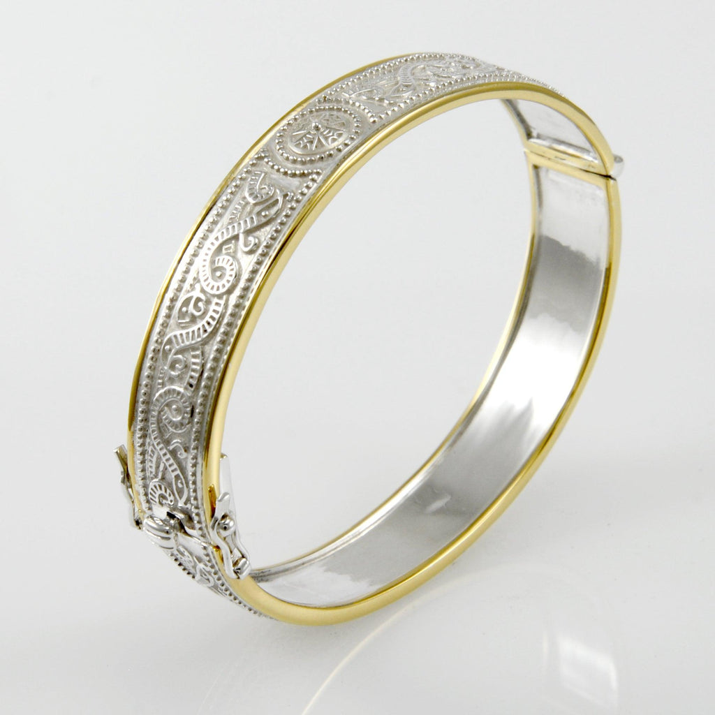 Small Sterling Silver and 14K Gold Accent Border Celtic Knotwork Bangle With Open Lock MBA211