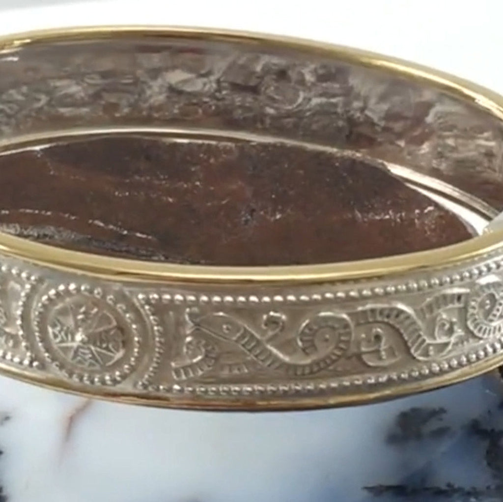 Small Sterling Silver and 14K Gold Accent Border Celtic Knotwork Bangle With Open Lock MBA211