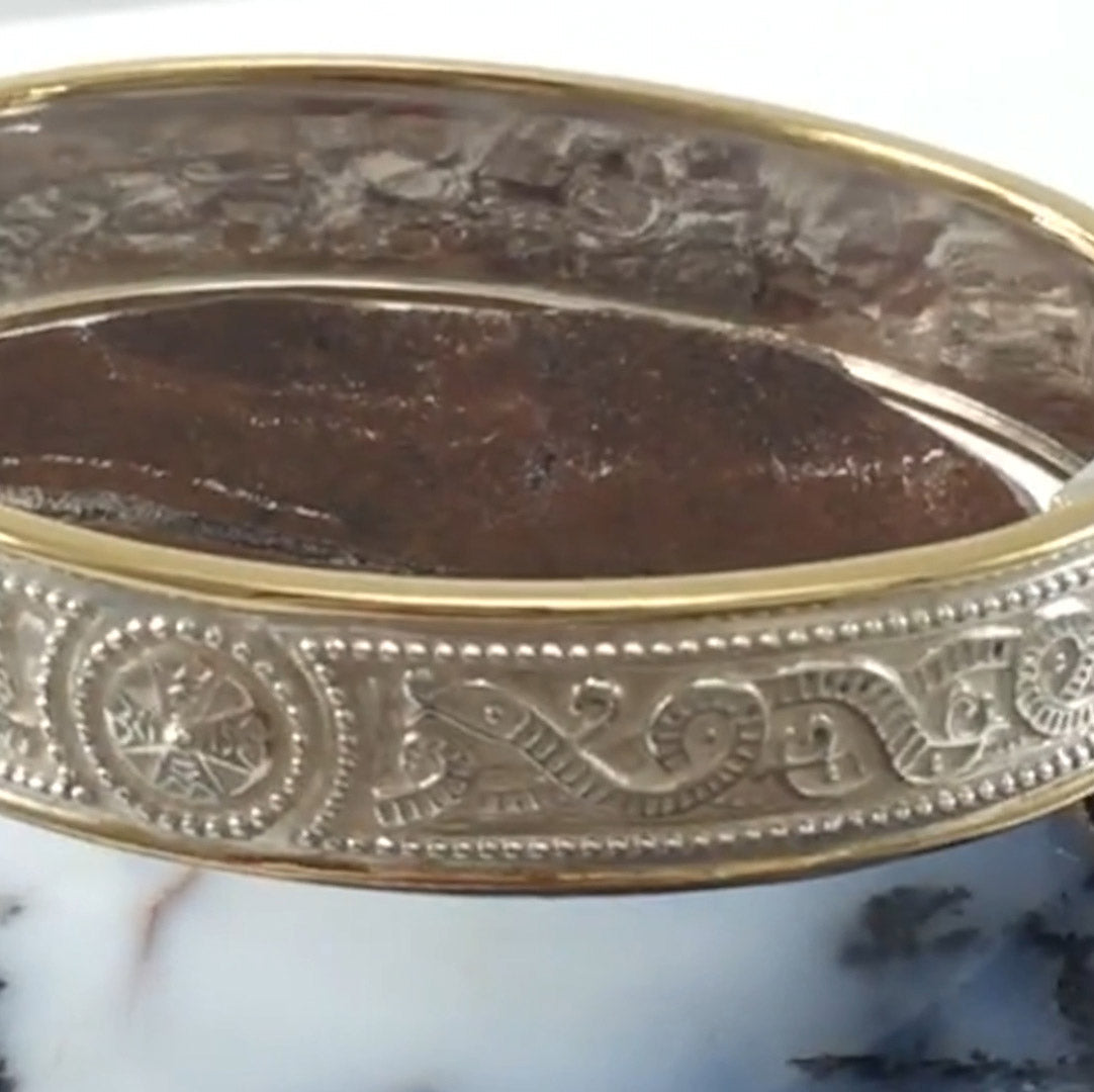Small Sterling Silver and 14K Gold Accent Border Celtic Knotwork Bangle With Open Lock MBA211