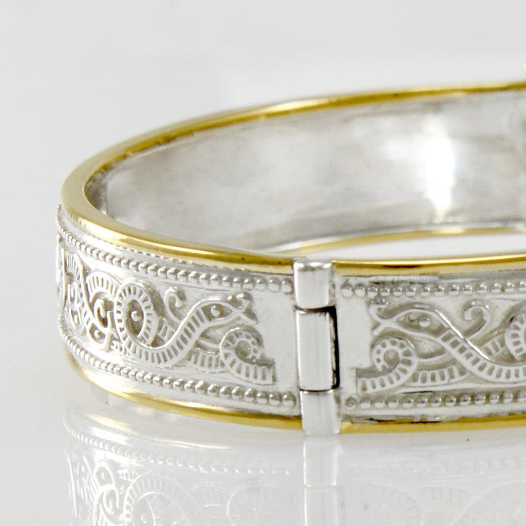 Small Sterling Silver and 14K Gold Accent Border Celtic Knotwork Bangle With Open Lock MBA211