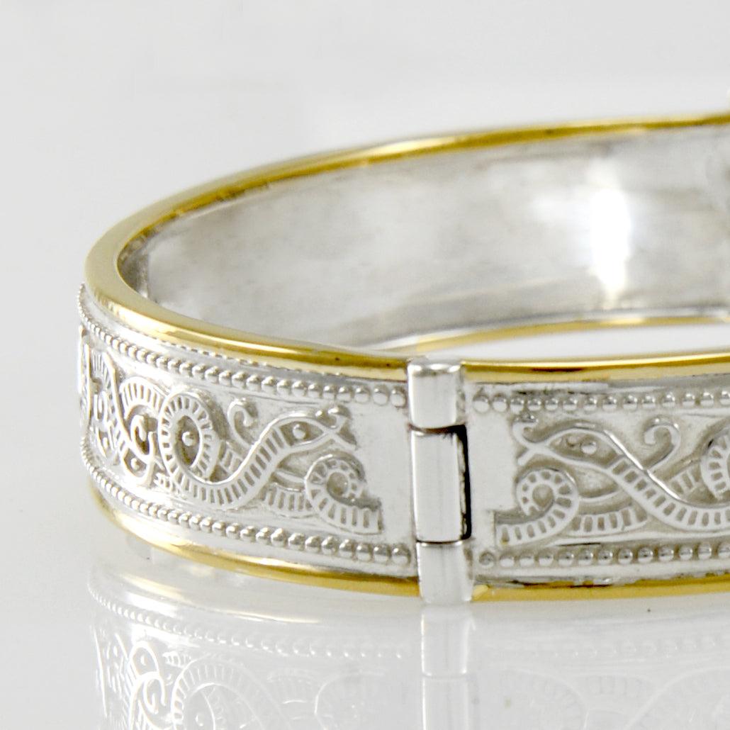 Small Sterling Silver and 14K Gold Accent Border Celtic Knotwork Bangle With Open Lock MBA211