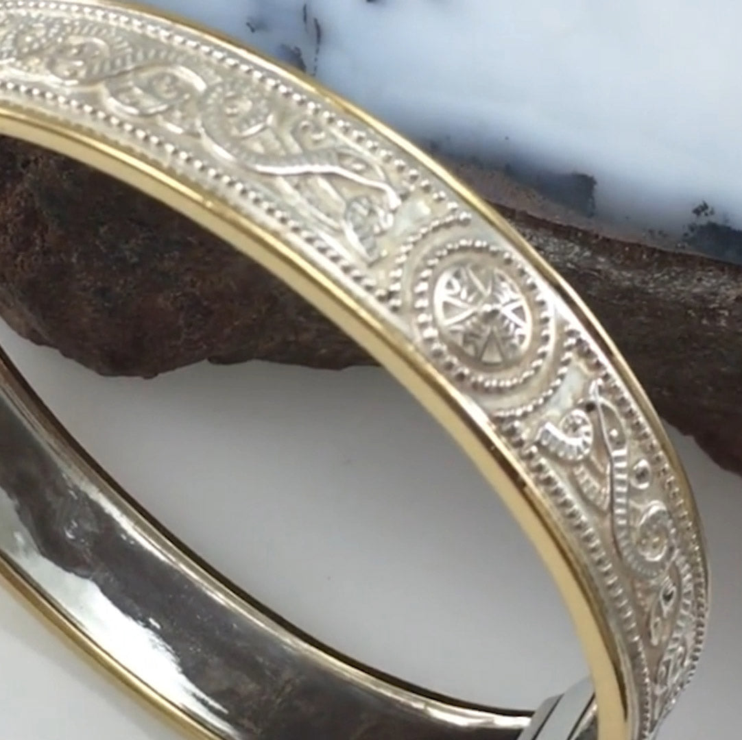 Small Sterling Silver and 14K Gold Accent Border Celtic Knotwork Bangle With Open Lock MBA211