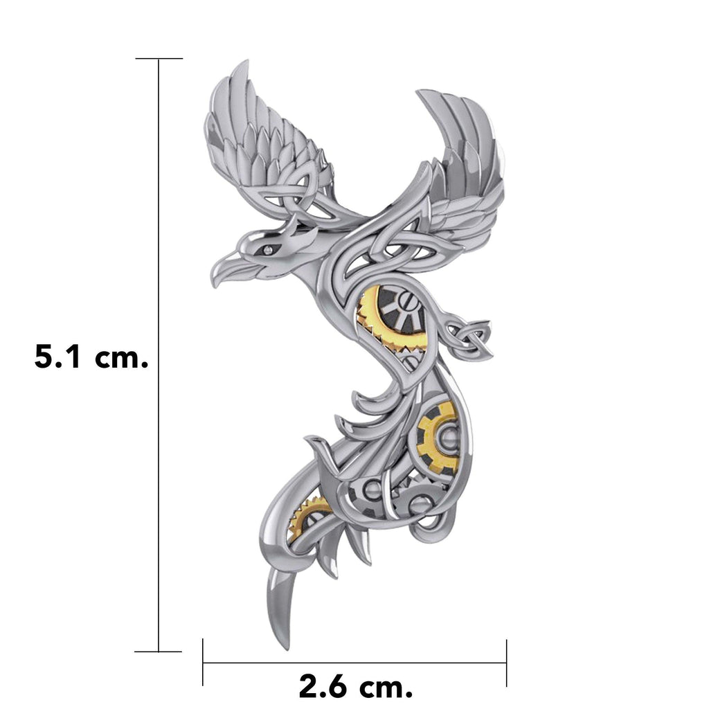 Steampunk Celtic Phoenix Sterling Silver and 14K Gold Accent Brooch MBC162