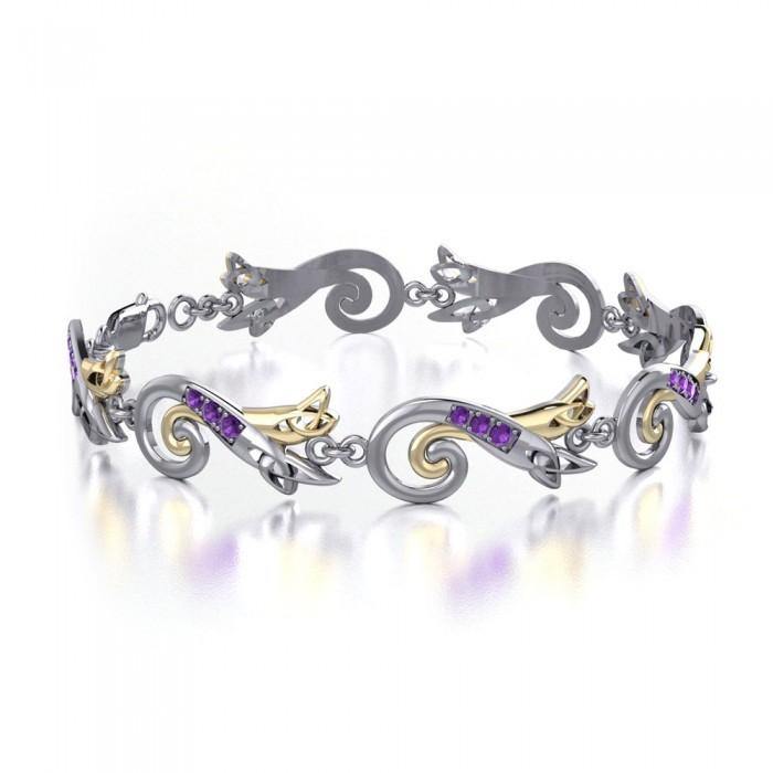 Celtic Triquetra Sterling Silver Bracelet With 14K Gold Accent And Gemstone MBL123