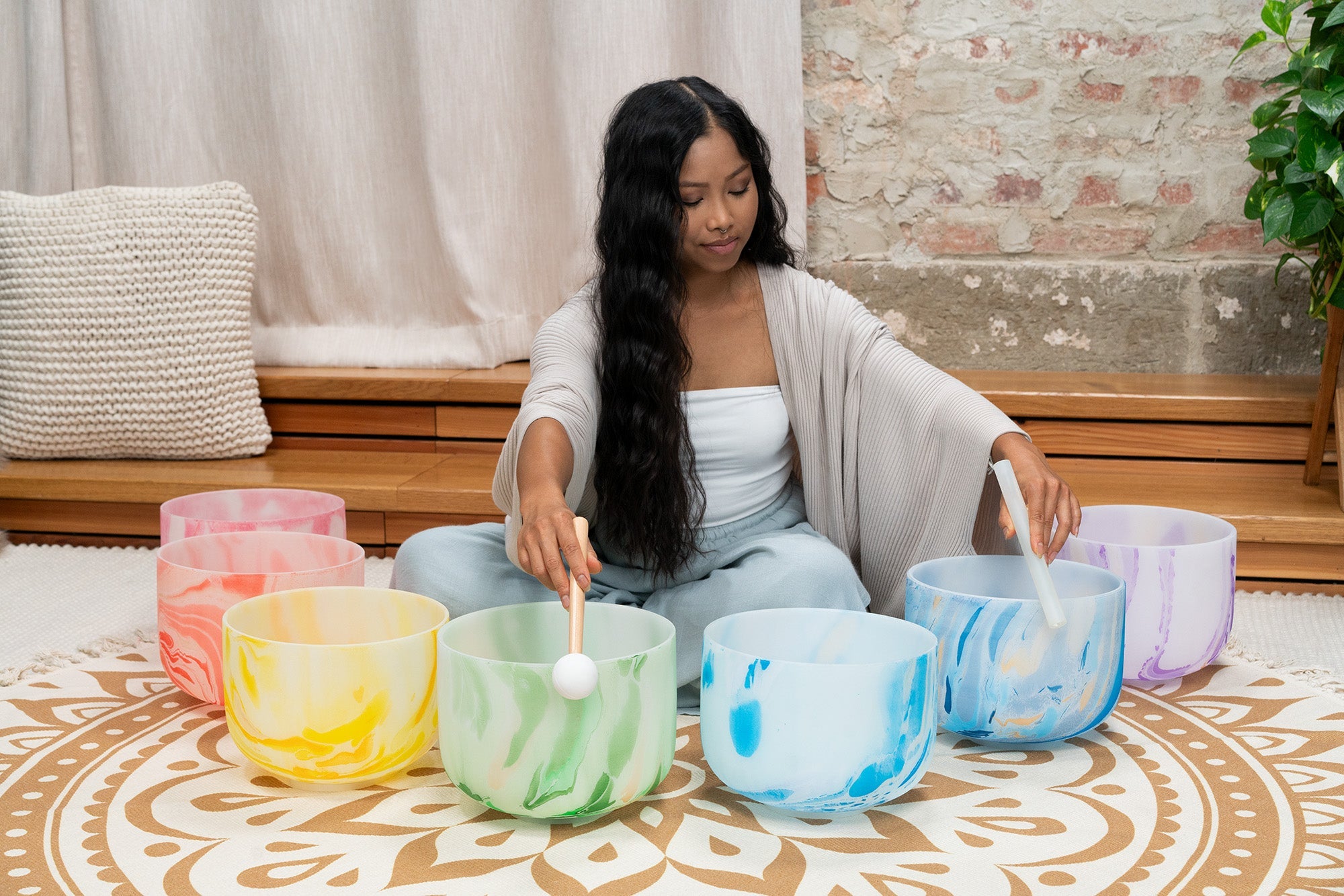 Crystal Singing Bowl Chakra Set, Marble 7-Piece | | Wiccan Center