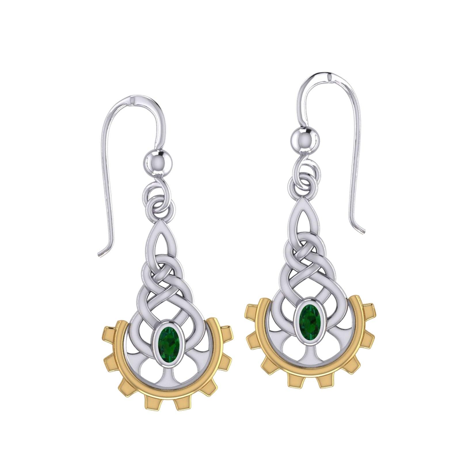 Steampunk Celtic Sterling Silver and 14K Gold Accent Earrings with Gemstone MER2116