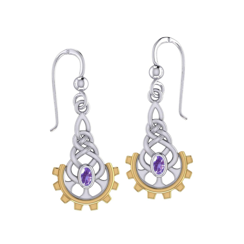 Steampunk Celtic Sterling Silver and 14K Gold Accent Earrings with Gemstone MER2116
