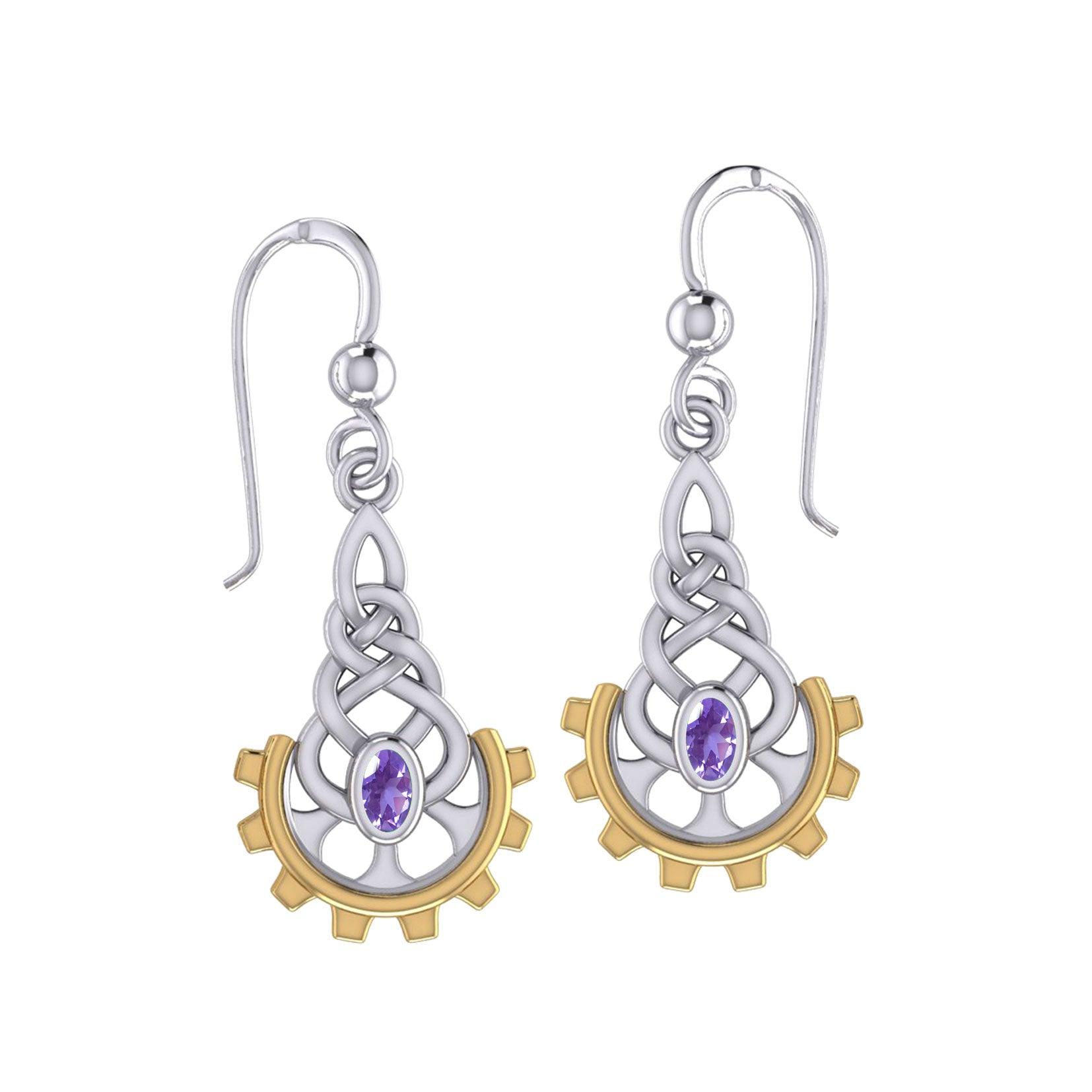 Steampunk Celtic Sterling Silver and 14K Gold Accent Earrings with Gemstone MER2116