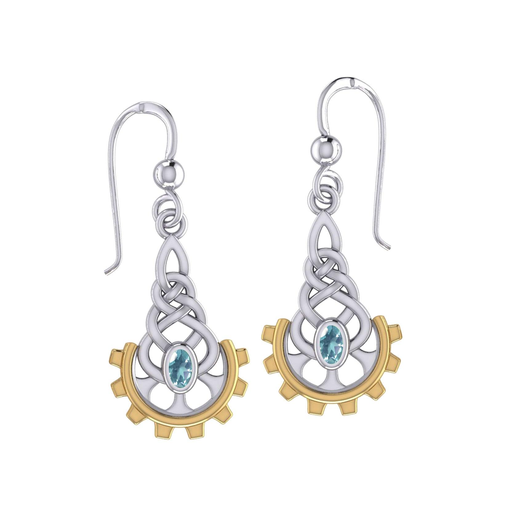 Steampunk Celtic Sterling Silver and 14K Gold Accent Earrings with Gemstone MER2116