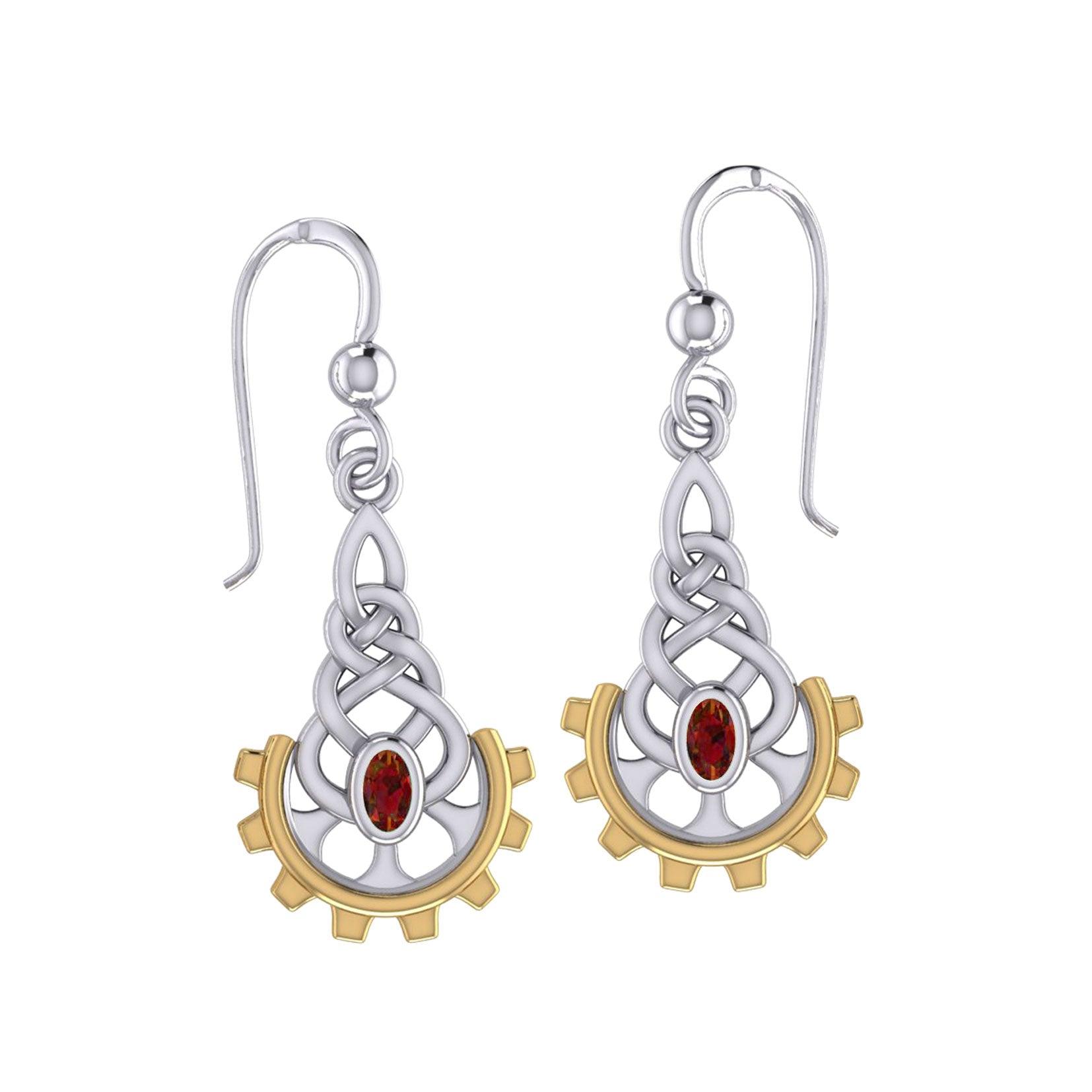 Steampunk Celtic Sterling Silver and 14K Gold Accent Earrings with Gemstone MER2116