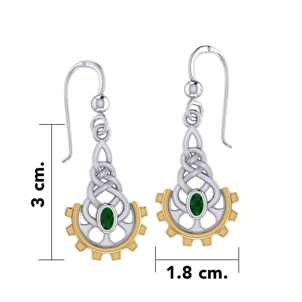 Steampunk Celtic Sterling Silver and 14K Gold Accent Earrings with Gemstone MER2116