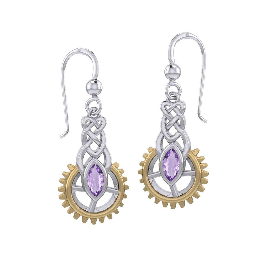 Steampunk Celtic Silver and Gold Accent Earrings with Marquise Gemstone MER2118