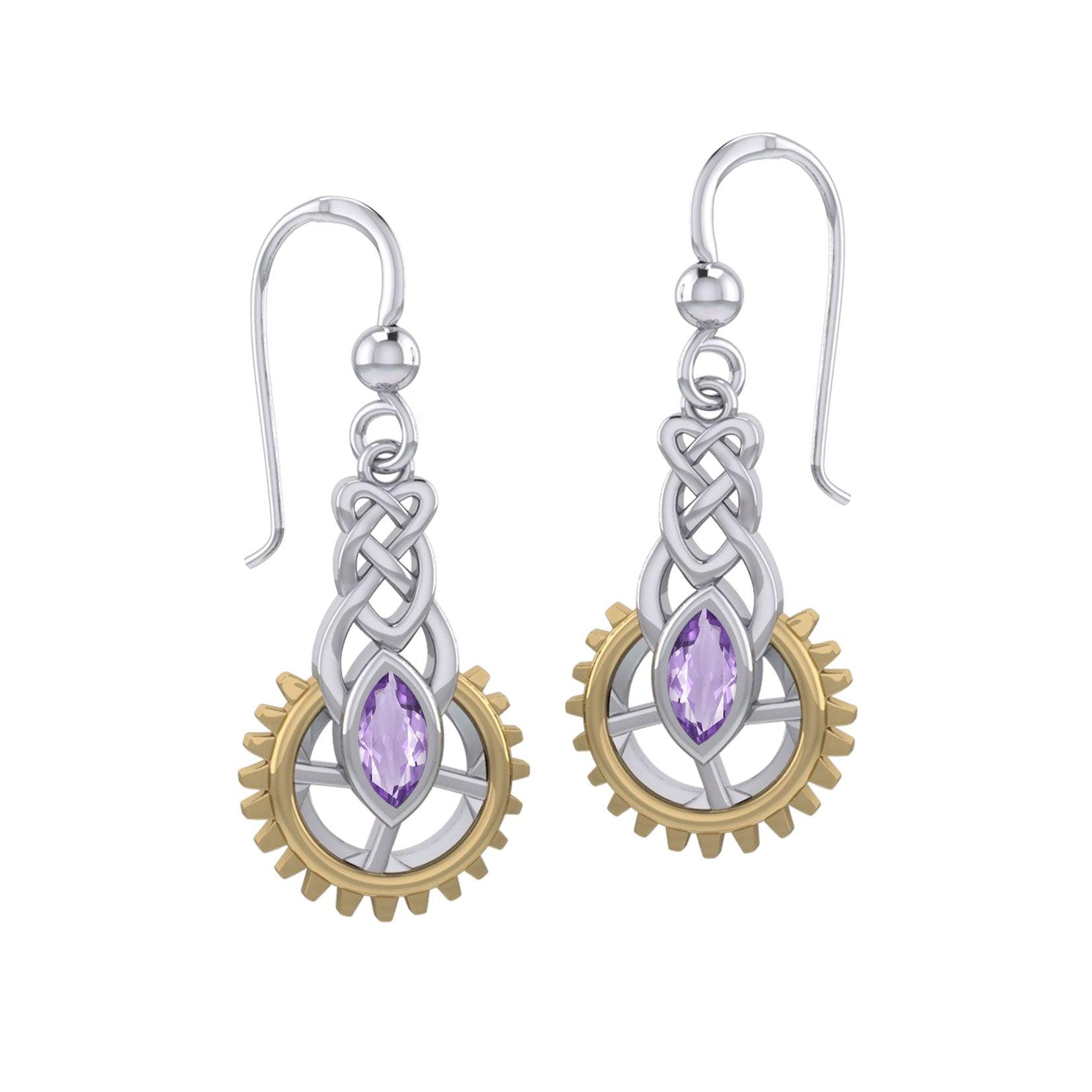 Steampunk Celtic Silver and Gold Accent Earrings with Marquise Gemstone MER2118
