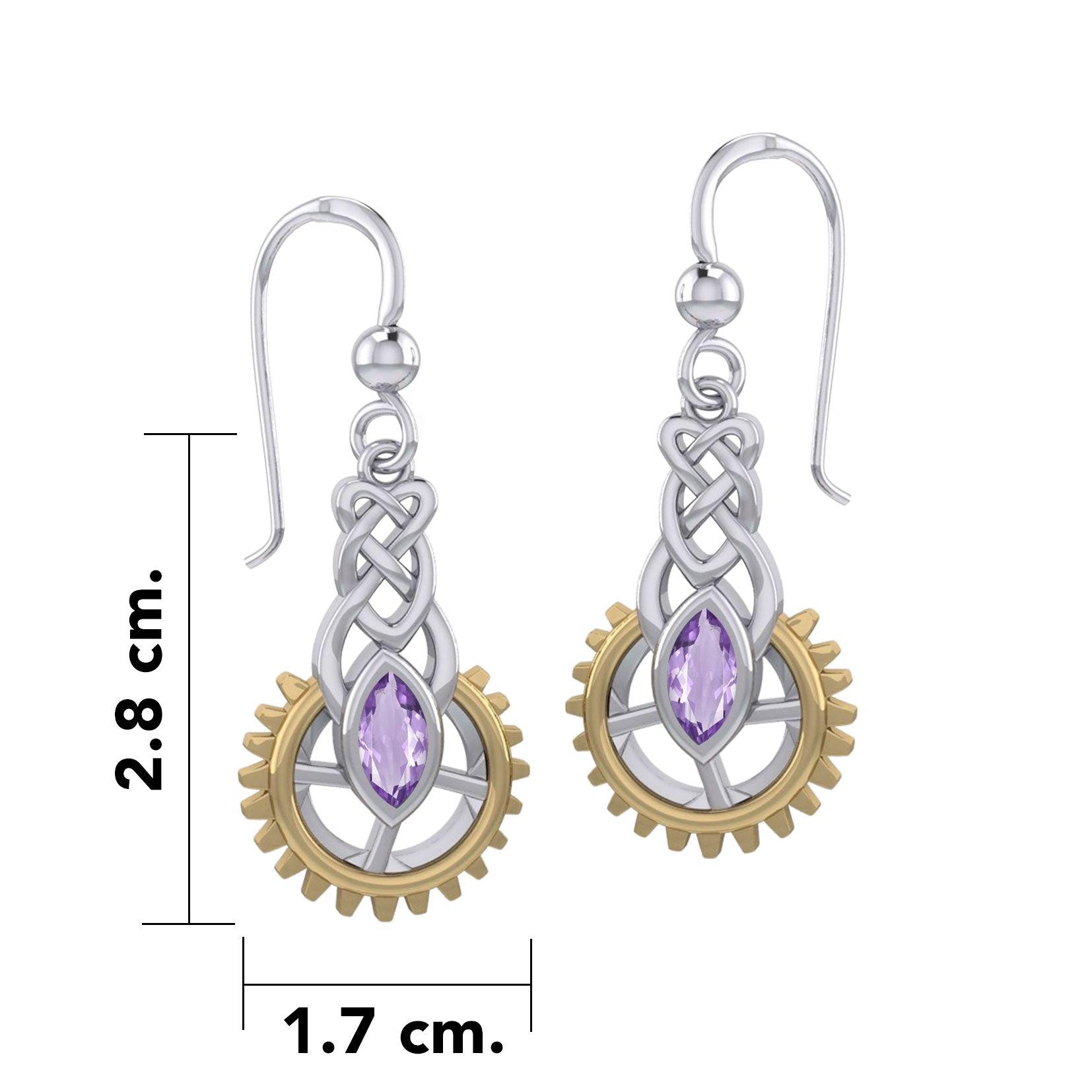 Steampunk Celtic Silver and Gold Accent Earrings with Marquise Gemstone MER2118