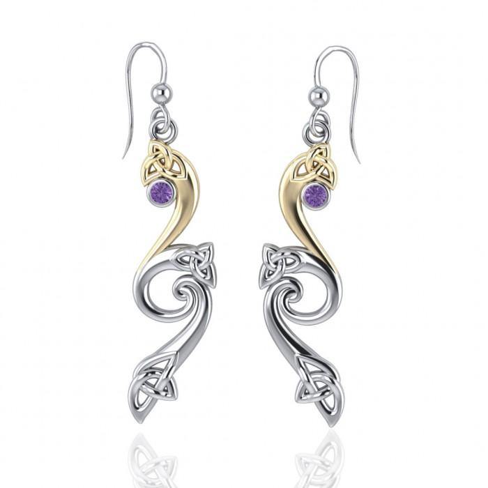 Modern Celtic Triskele Earrings Sterling Silver With 18K Gold Accent Gemstone Accents MER570
