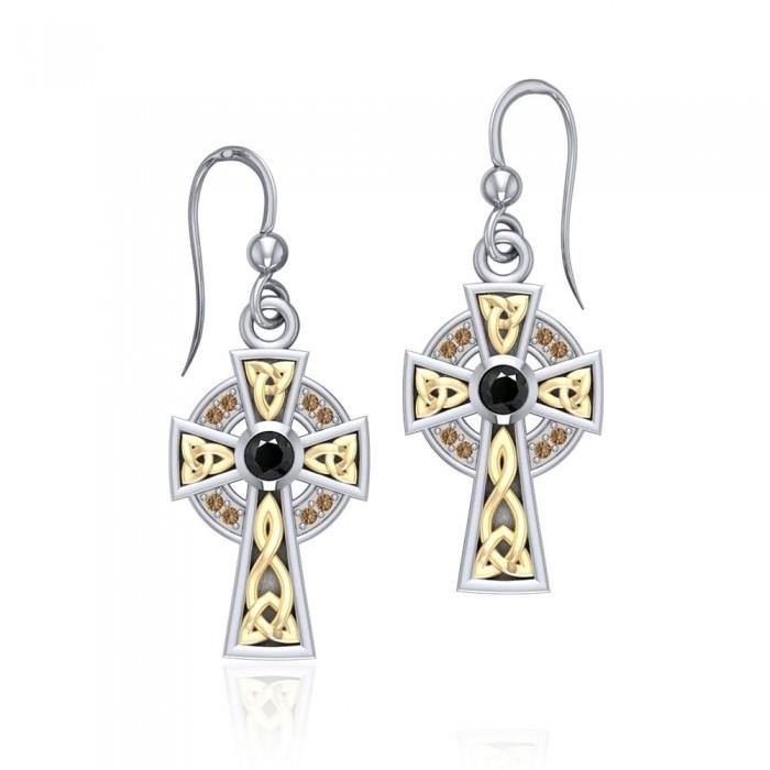 Sterling Silver Celtic Cross Hook Earrings With 18K Gold Accent MER701 Faith Jewelry