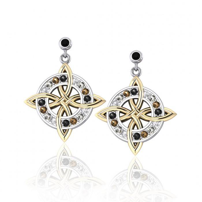 Celtic Quaternary Knot Earrings In Silver And Gold With Gemstones Peter Stone MER702