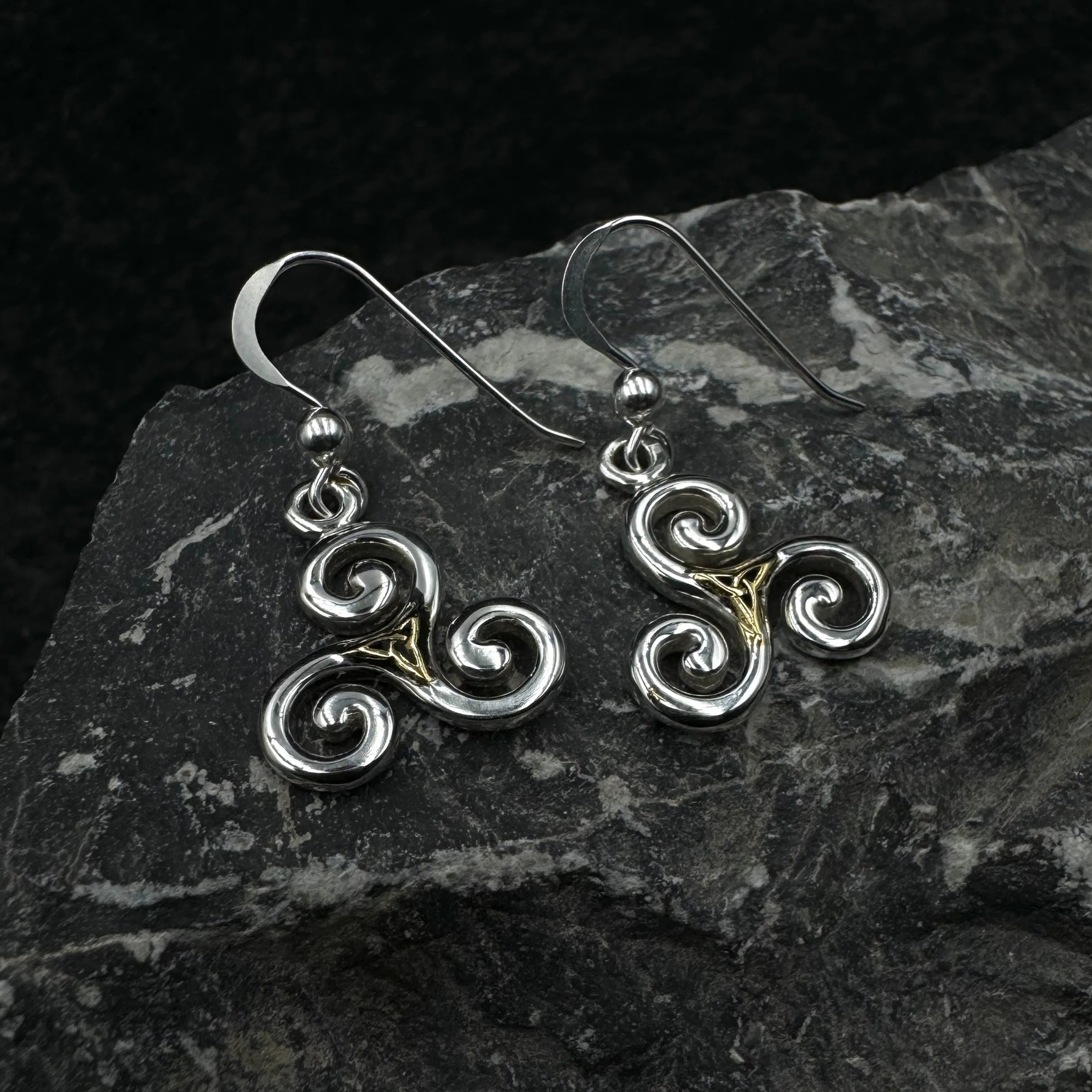 The road to eternal life ~ Celtic Celtic Triskele or Triskelion Sterling Silver with 18K Gold Accent Dangle Earrings MER709
