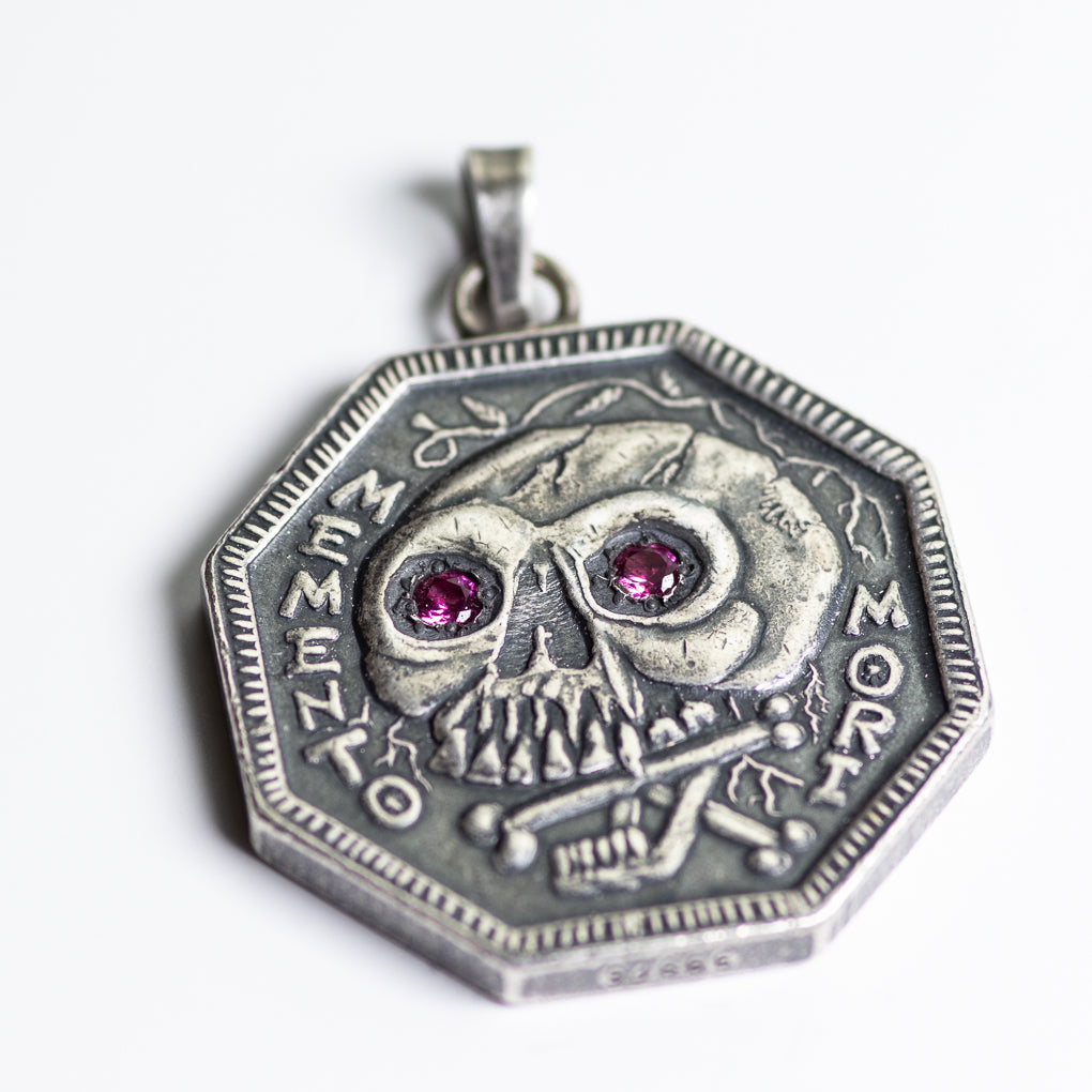 Ruby Inset Eyes Memento Mori Silver Necklace - Sterling Silver Bale | | Wiccan Center