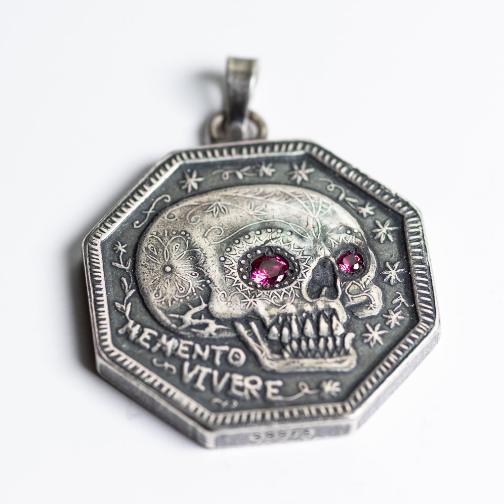 Ruby Inset Eyes Memento Mori Silver Necklace - Sterling Silver Bale | | Wiccan Center