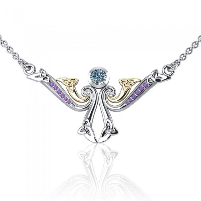 Modern Celtic Triskele Necklace in Sterling Silver and Gold with Gemstone Accents MNC161