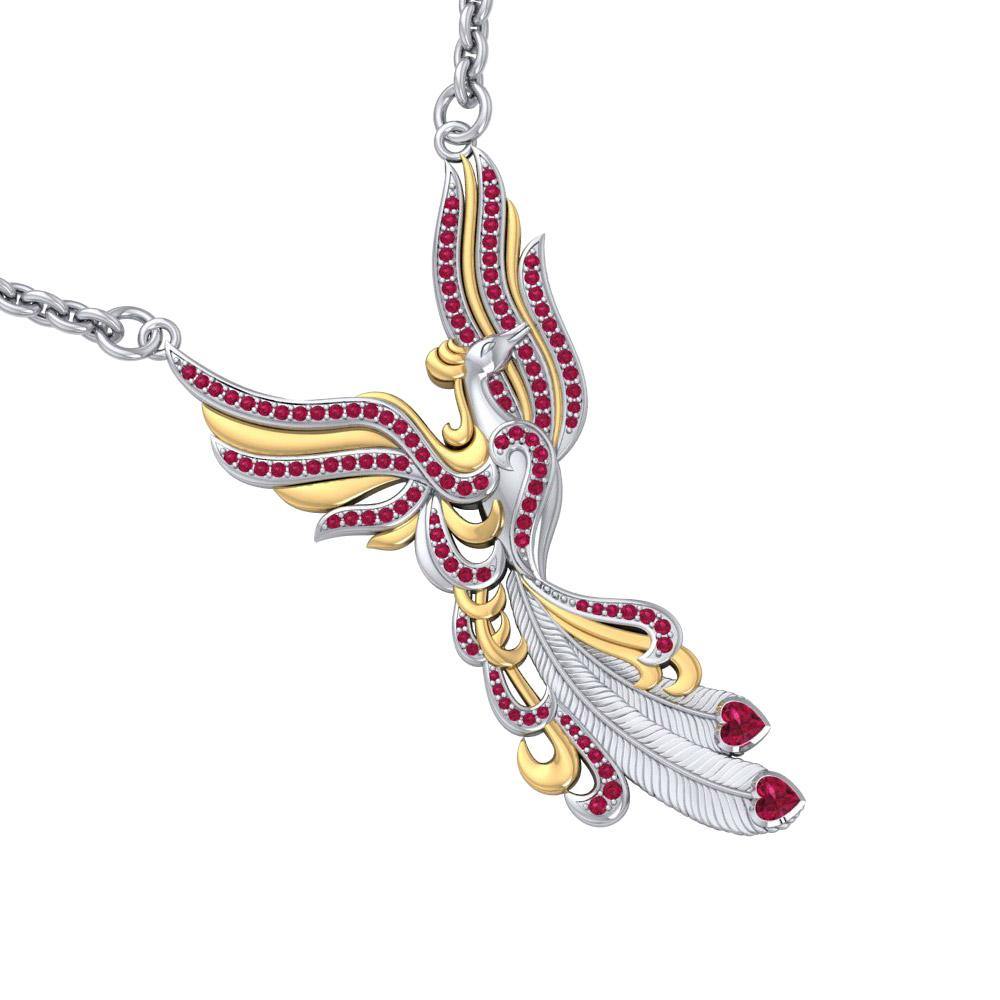 Mythical Phoenix Rise Necklace in Sterling Silver with 14K Gold Accent Gemstone Pendant MNC221
