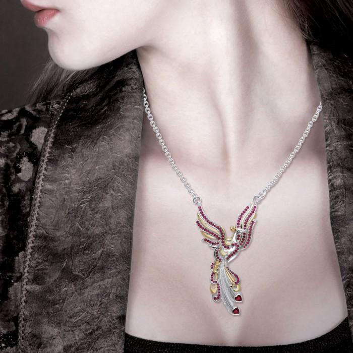 Mythical Phoenix Rise Necklace in Sterling Silver with 14K Gold Accent Gemstone Pendant MNC221