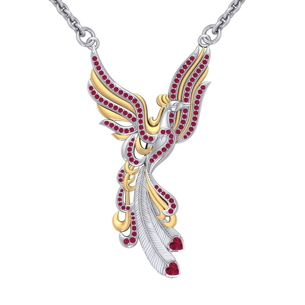 Mythical Phoenix Rise Necklace in Sterling Silver with 14K Gold Accent Gemstone Pendant MNC221