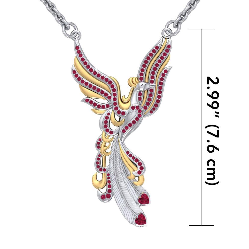 Mythical Phoenix Rise Necklace in Sterling Silver with 14K Gold Accent Gemstone Pendant MNC221