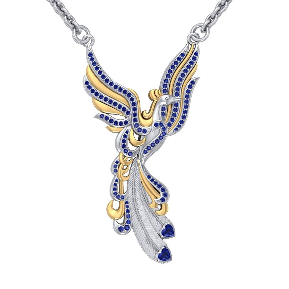 Mythical Phoenix Rise Necklace in Sterling Silver with 14K Gold Accent Gemstone Pendant MNC221