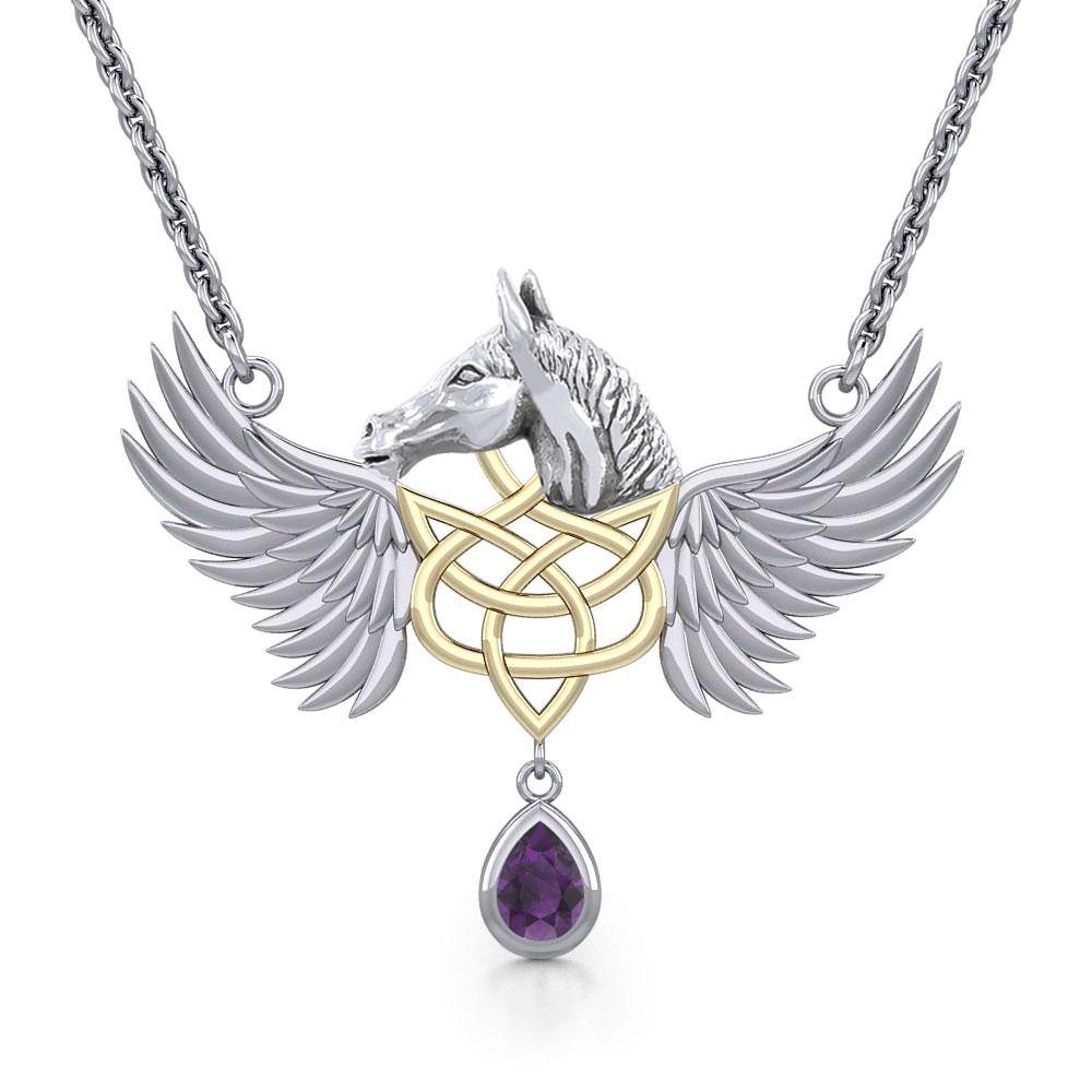 Celtic Pegasus Horse with Wing Silver Necklace with gold plating 14K 2 Micron MNC540