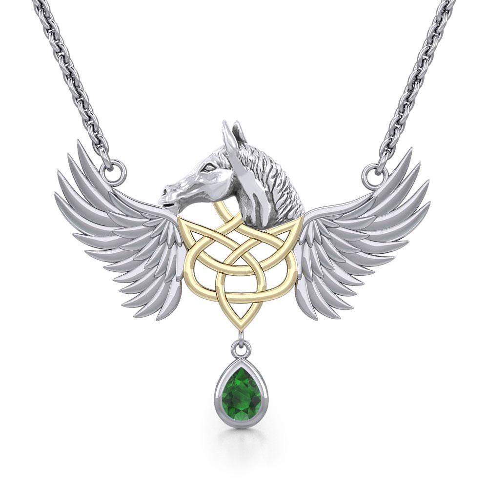 Celtic Pegasus Horse with Wing Silver Necklace with gold plating 14K 2 Micron MNC540